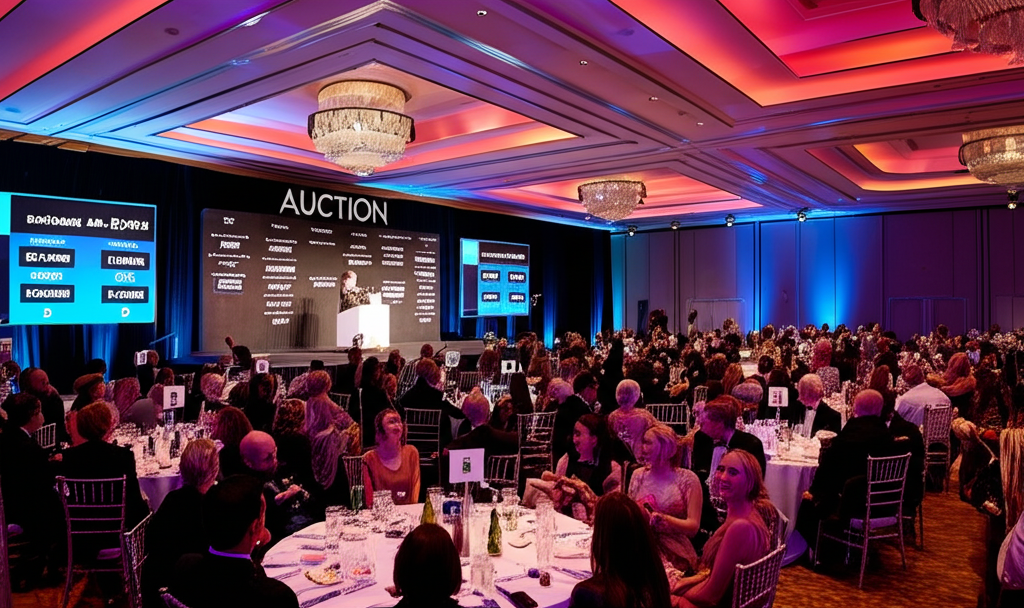 Live In-Person Charity Auction showing an event space and attendees