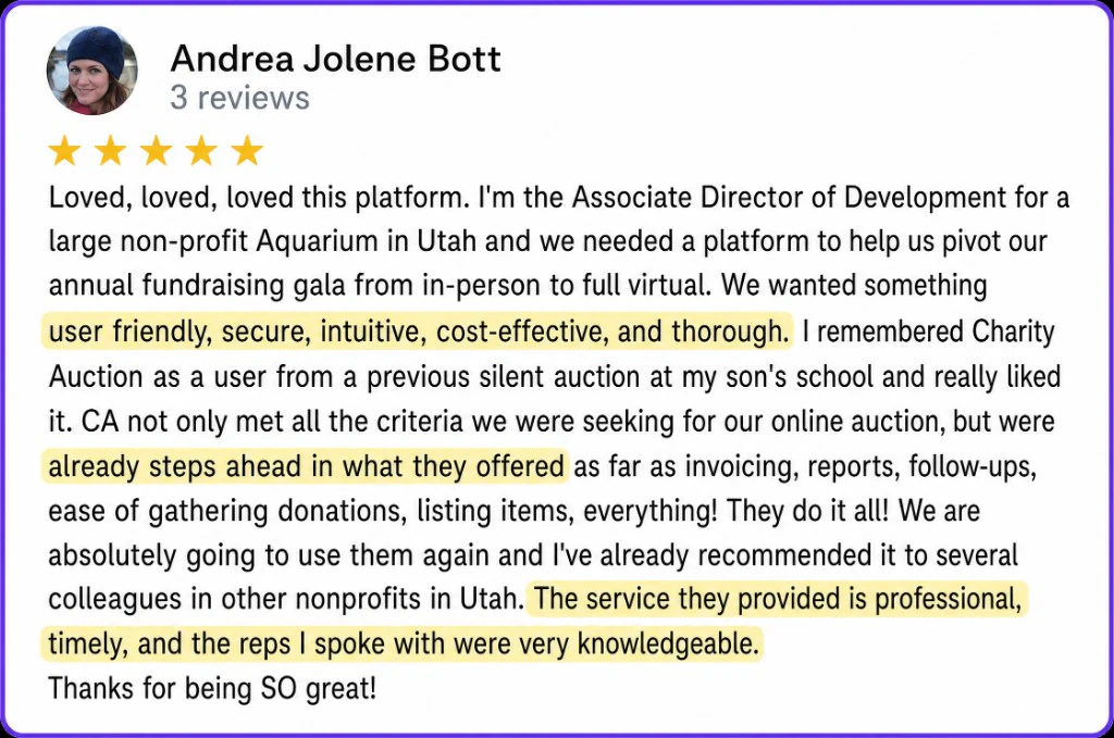 5-star review from Andrea Jolene Bott about a user-friendly virtual gala auction