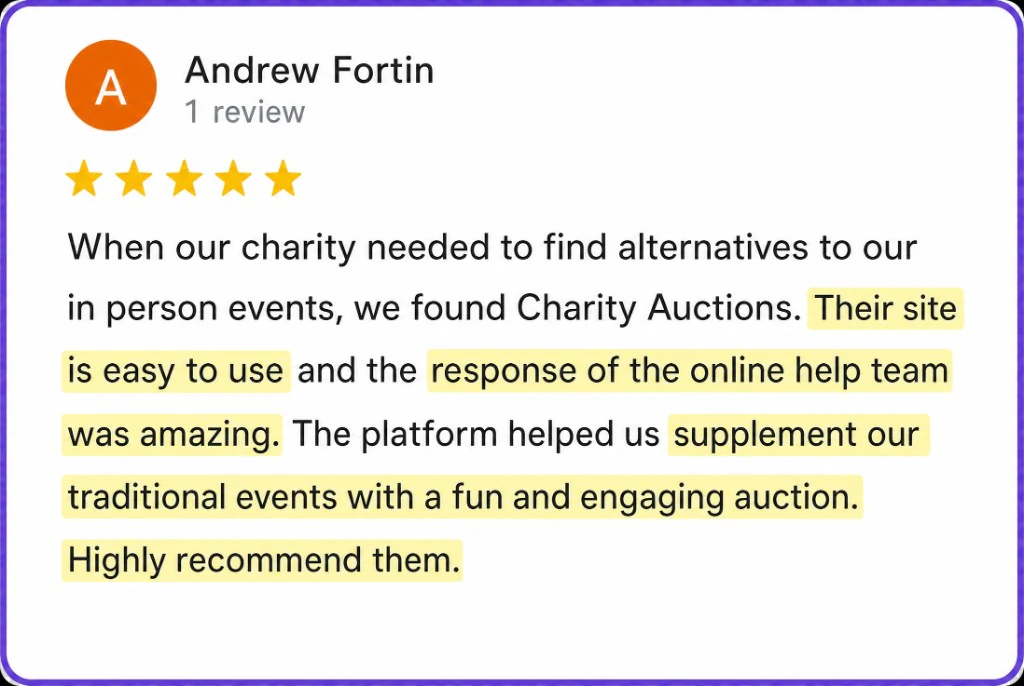 5-star review from Andrew Fortin about easy use and amazing online help