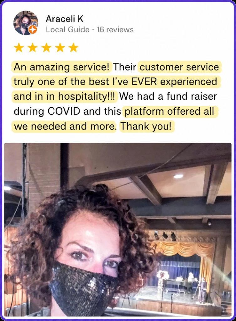 5-star review from Araceli K about outstanding customer service during a COVID fundraiser