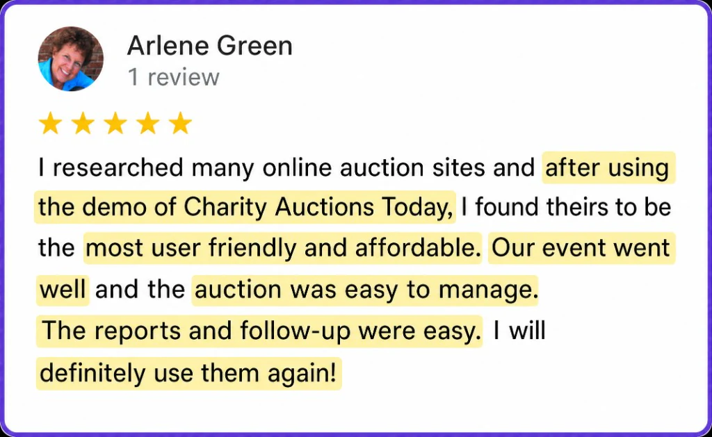 5-star review from Arlene Green about a user-friendly demo and easy reports