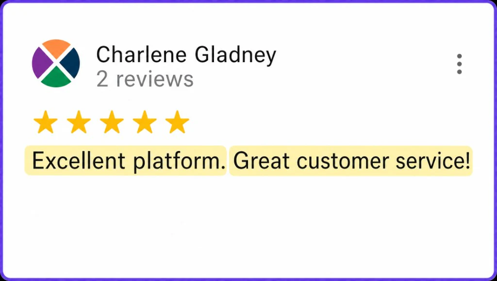 5-star review from Charlene Gladney about an excellent platform and great customer service