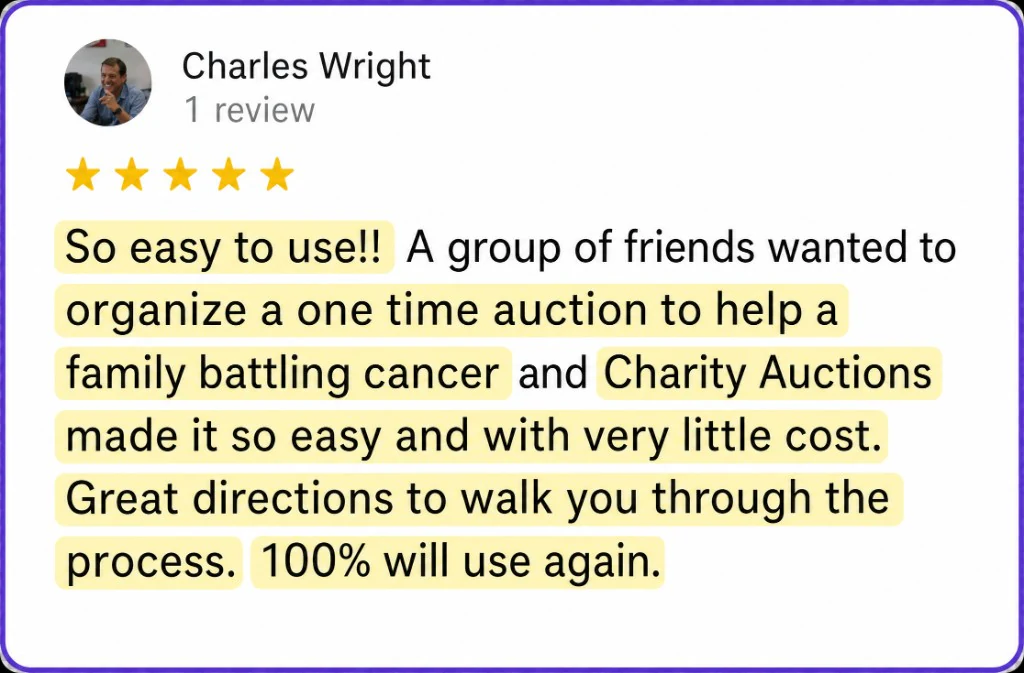5-star review from Charles Wright about an easy, low-cost auction with clear directions