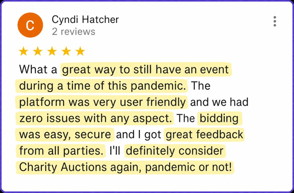 5-star review from Cyndi Hatcher about a user-friendly platform and easy, secure bidding