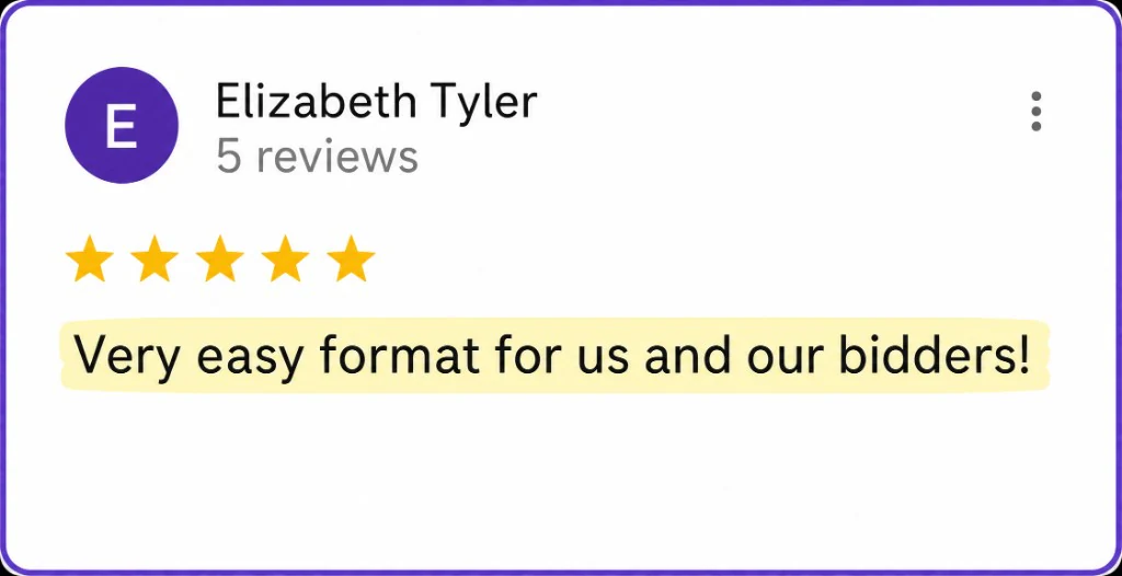 5-star review from Elizabeth Tyler about an easy format for organizers and bidders