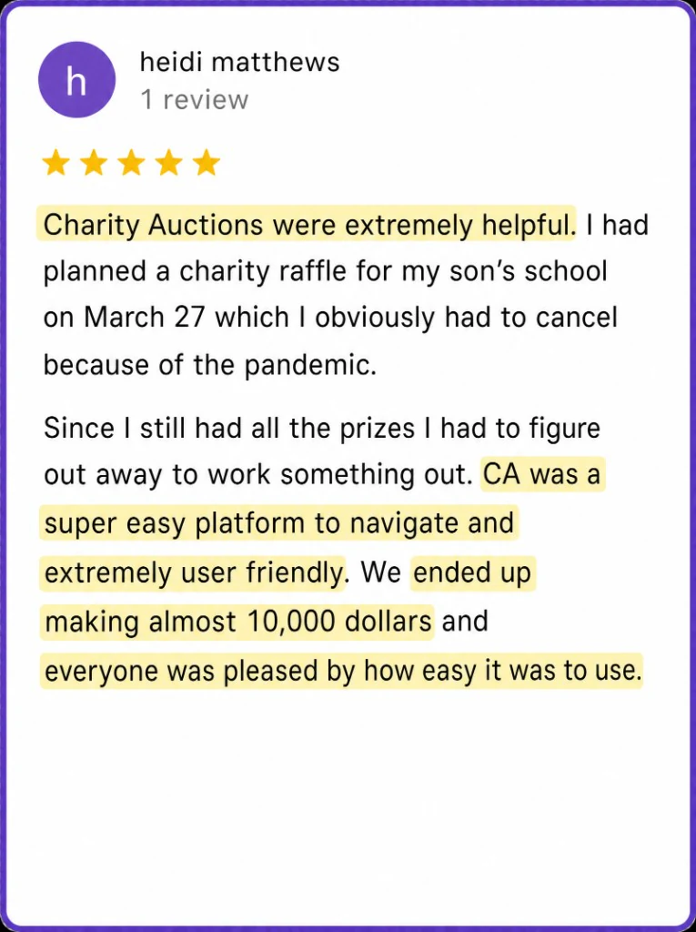 5-star review from Heidi Matthews about an easy platform and raising almost $10,000