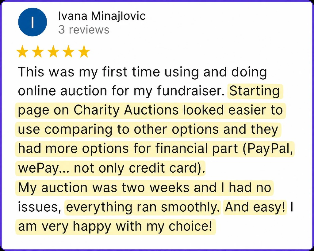 5-star review from Ivana Minajlovic about an easier start page, PayPal options, and a smooth first auction