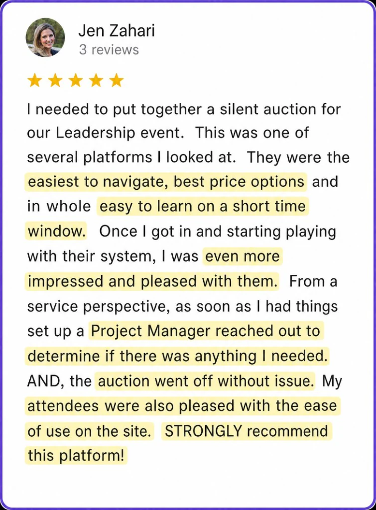 5-star review from Jen Zahari about easy setup, a project manager, and a smooth event