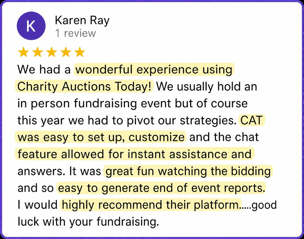 5-star review from Karen Ray about easy setup, bidding, and end-of-event reports