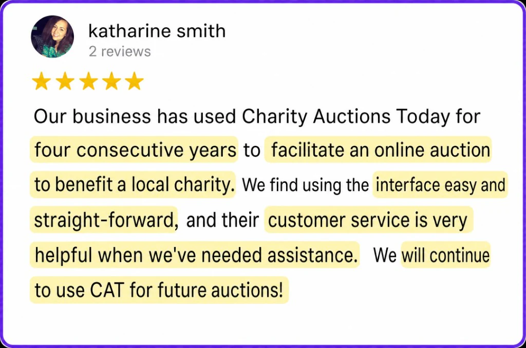 5-star review from Katharine Smith about four years of easy auctions and helpful support