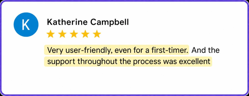 5-star review from Katherine Campbell about a user-friendly first auction and excellent support