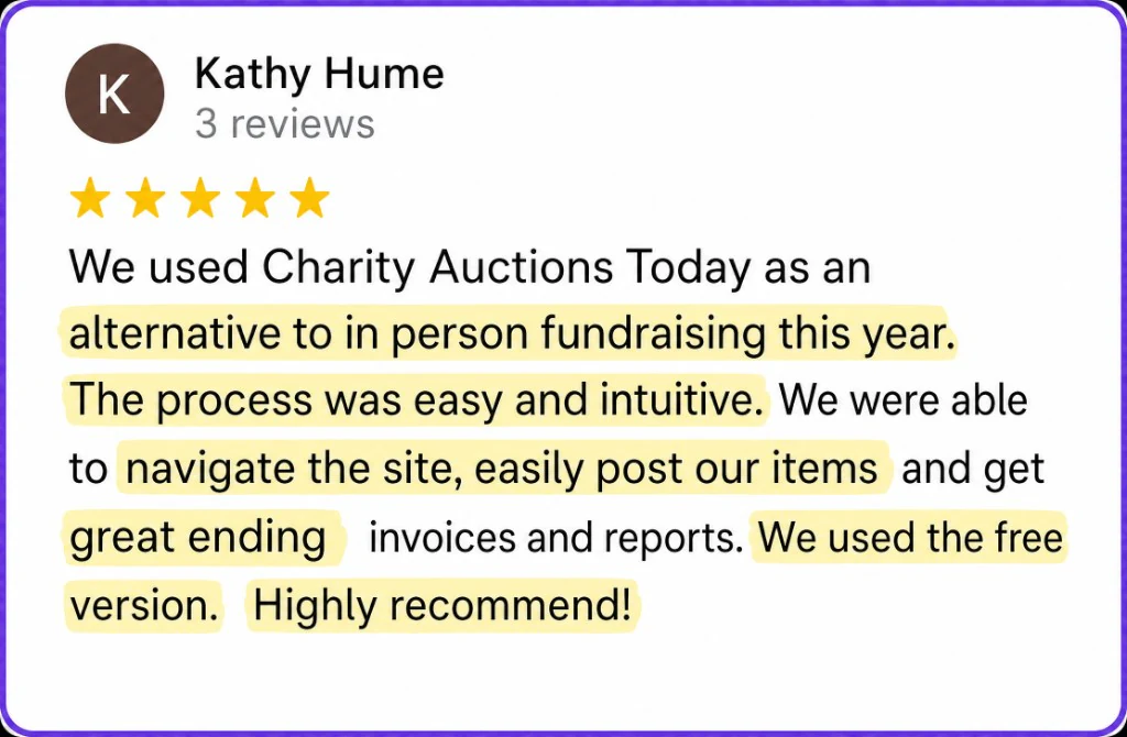 5-star review from Kathy Hume about an easy free-plan auction and helpful reports