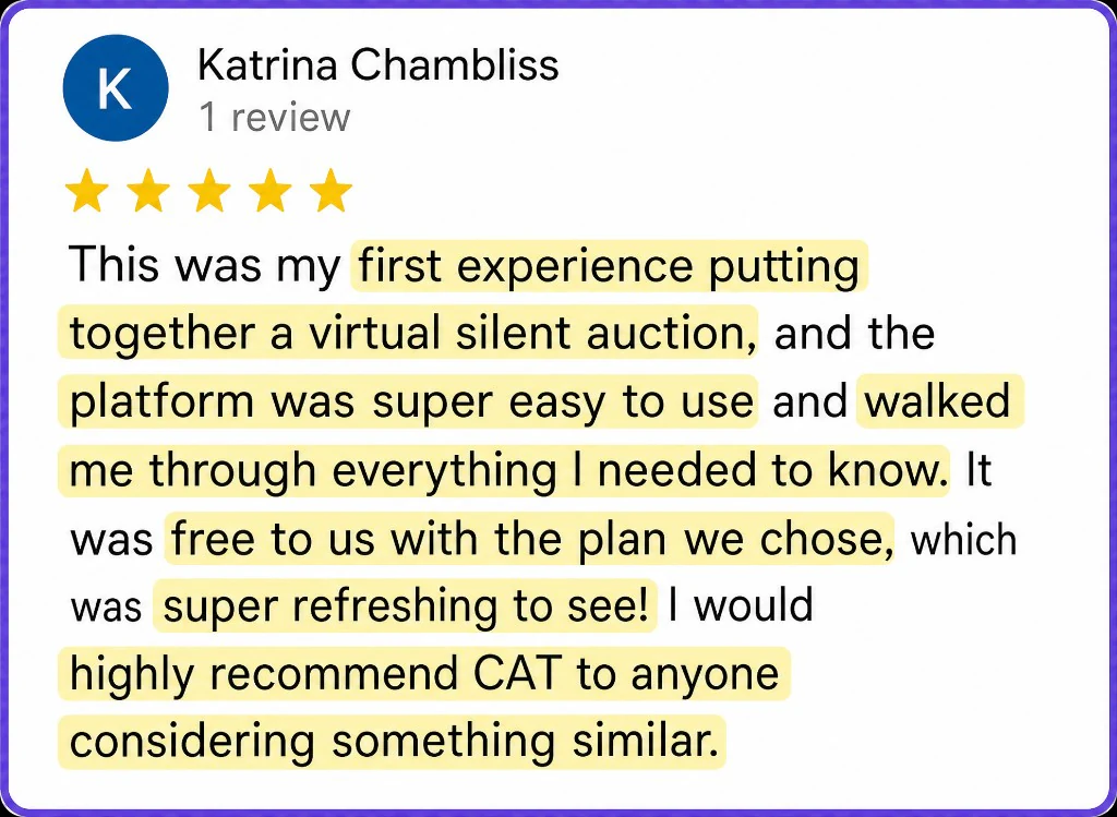 5-star review from Katrina Chambliss about an easy first virtual silent auction