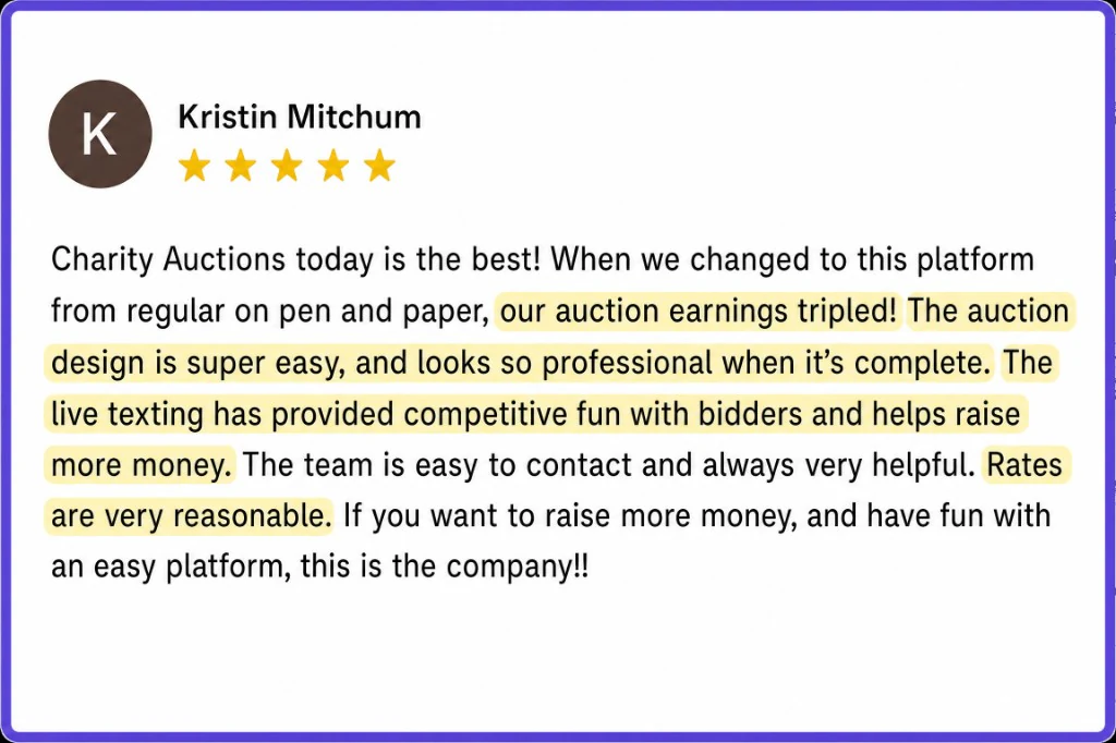 5-star review from Kristin Mitchum about tripling auction earnings and easy design