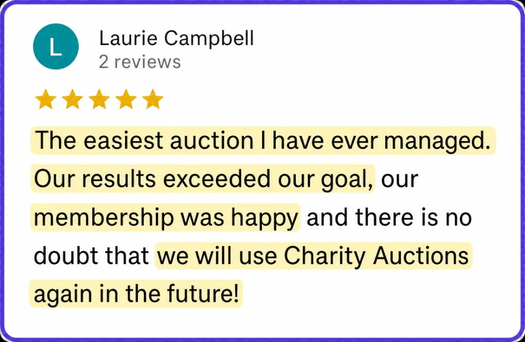 5-star review from Laurie Campbell about the easiest auction they have managed