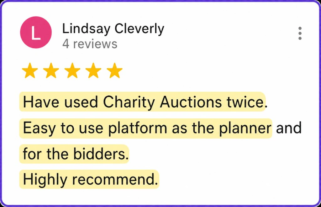 5-star review from Lindsay Cleverly about using the platform twice and easy bidding for planners