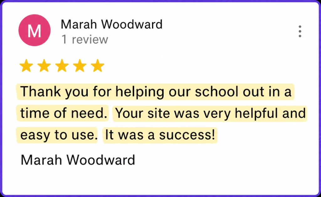 5-star review from Marah Woodward about an easy site that helped her school succeed