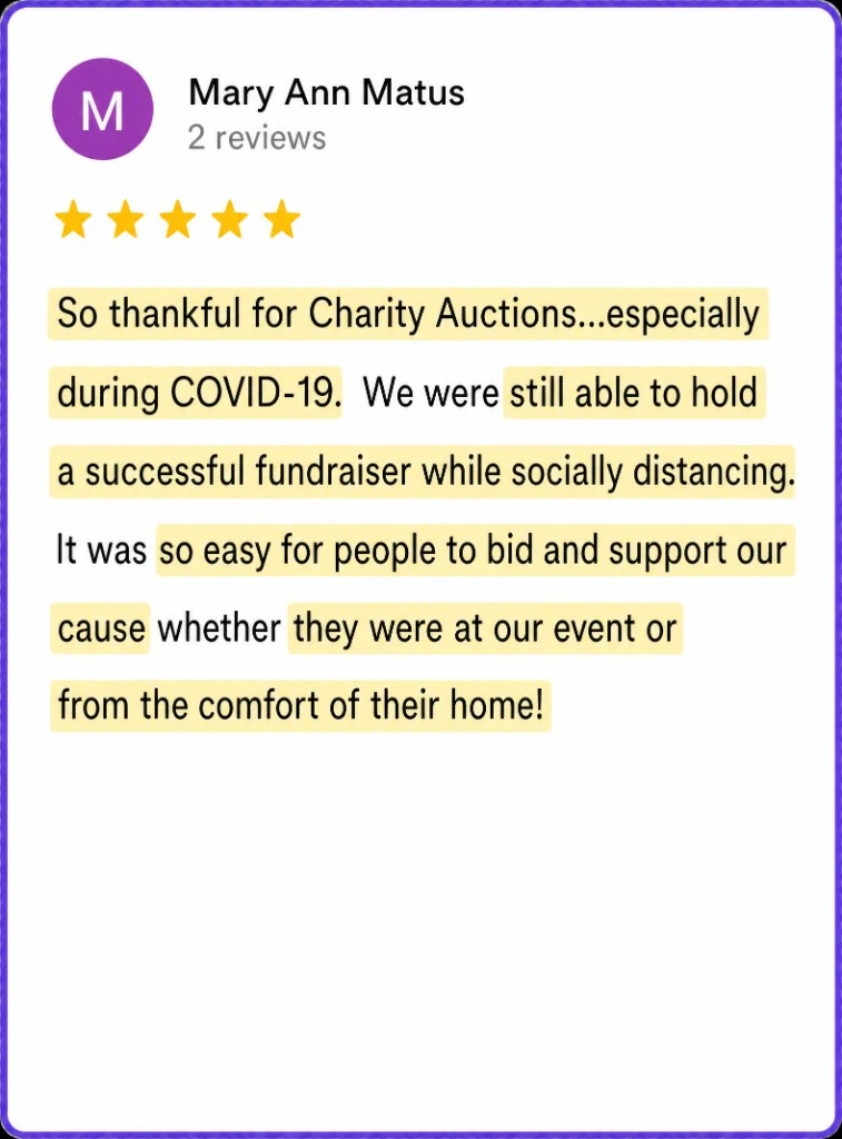 5-star review from Mary Ann Matus about an easy fundraiser people could join from home
