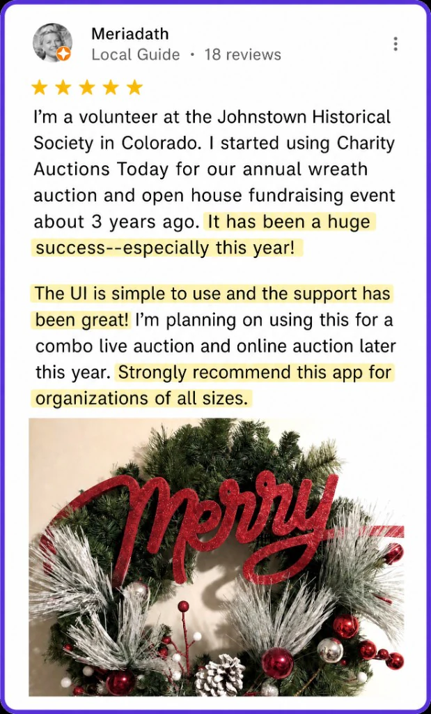 5-star review from Meriadath about a successful wreath auction and simple tools