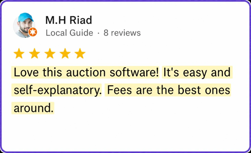 5-star review from M.H. Riad about easy auction software and the best fees around