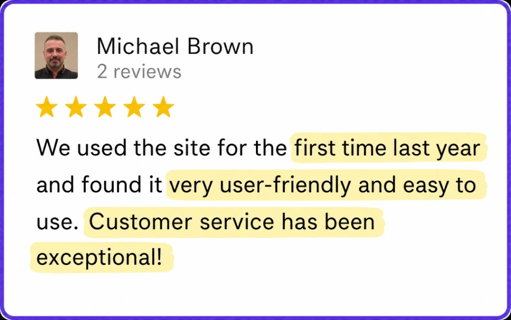 5-star review from Michael Brown about an easy first year and exceptional customer service