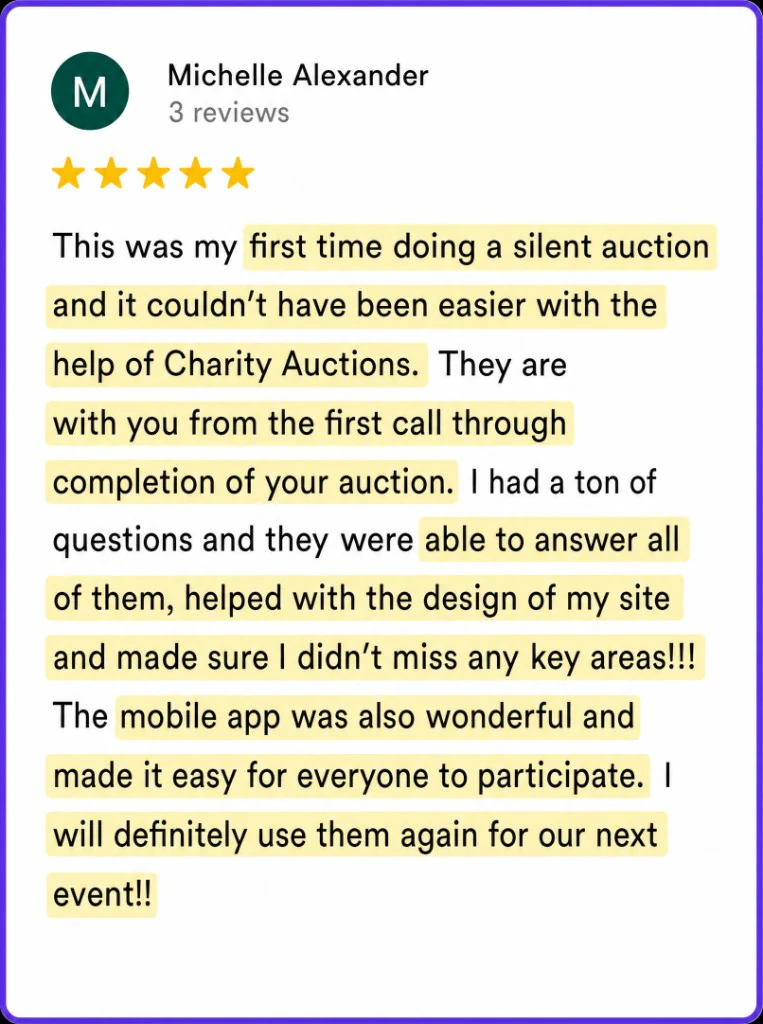 5-star review from Michelle Alexander about an easy first silent auction, full support, and a mobile app