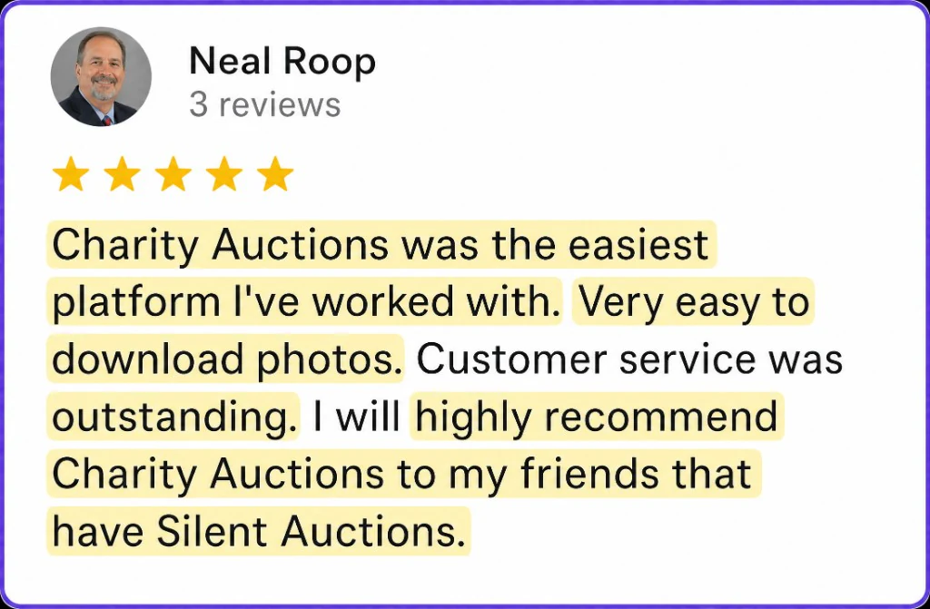 5-star review from Neal Roop about easy photo uploads and outstanding customer service