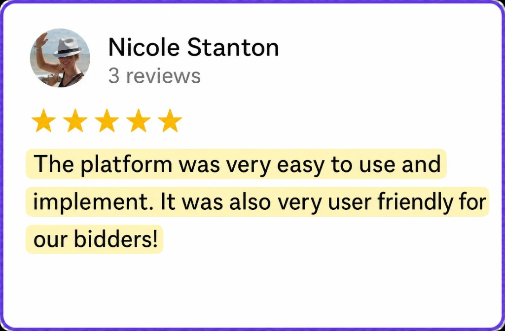 5-star review from Nicole Stanton about a platform that was easy for organizers and bidders