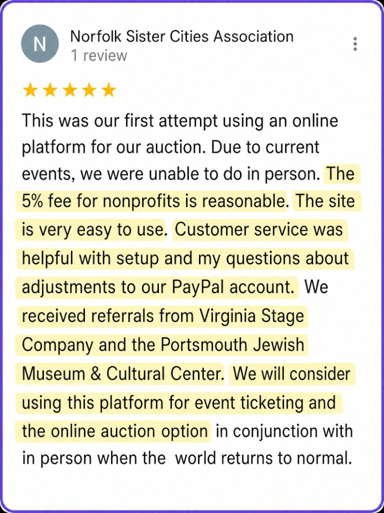 5-star review from Norfolk Sister Cities Association about easy use and helpful setup