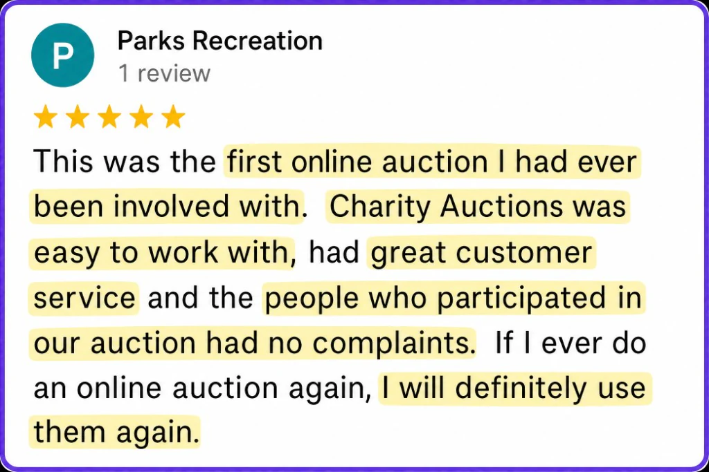 5-star review from Parks Recreation about an easy first online auction and great customer service