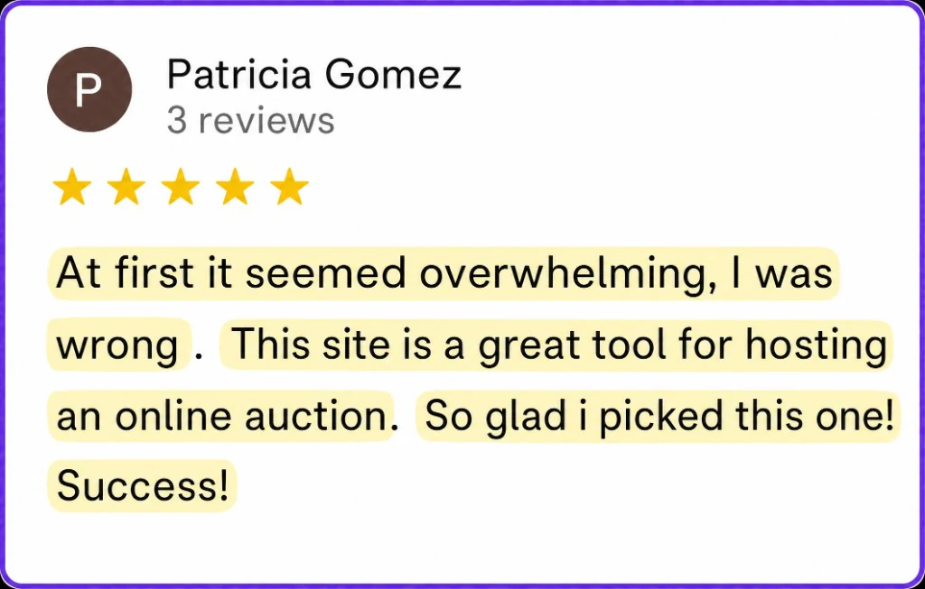 5-star review from Patricia Gomez about a great tool for hosting an online auction