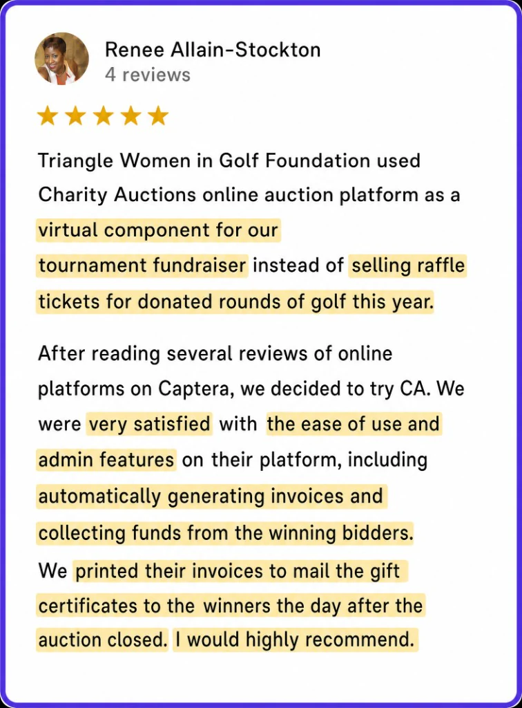 5-star review from Renee Allain-Stockton about invoices, payouts, and a golf tournament auction