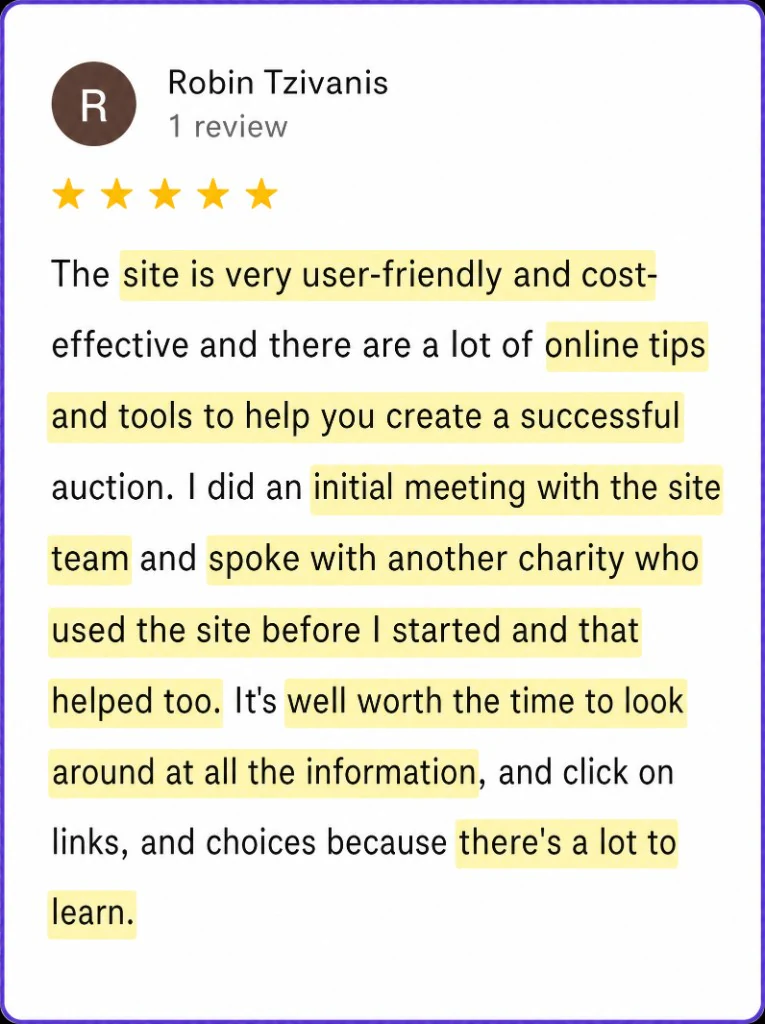 5-star review from Robin Tzivanis about a user-friendly site and helpful setup tips