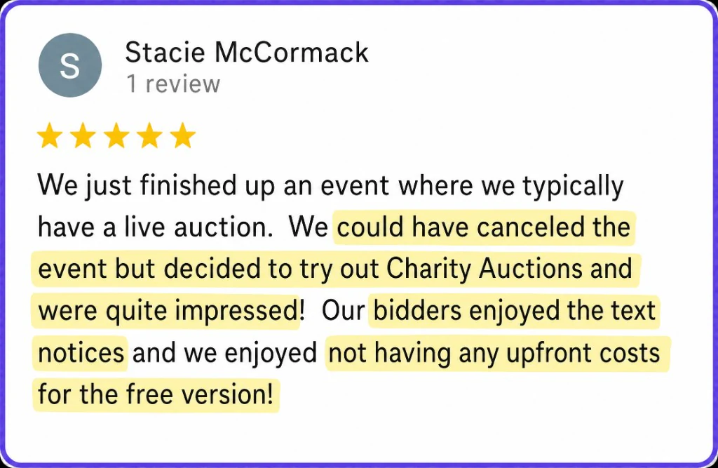 5-star review from Stacie McCormack about text notices and no upfront costs