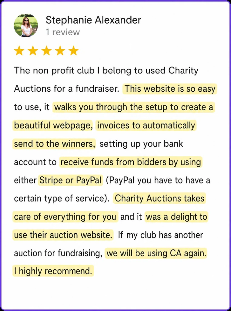5-star review from Stephanie Alexander about easy setup, invoices, and Stripe or PayPal payouts