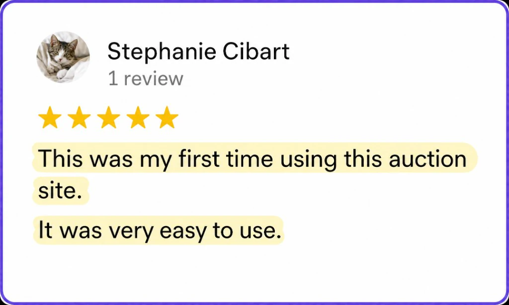 5-star review from Stephanie Cibart about an easy first auction on the site