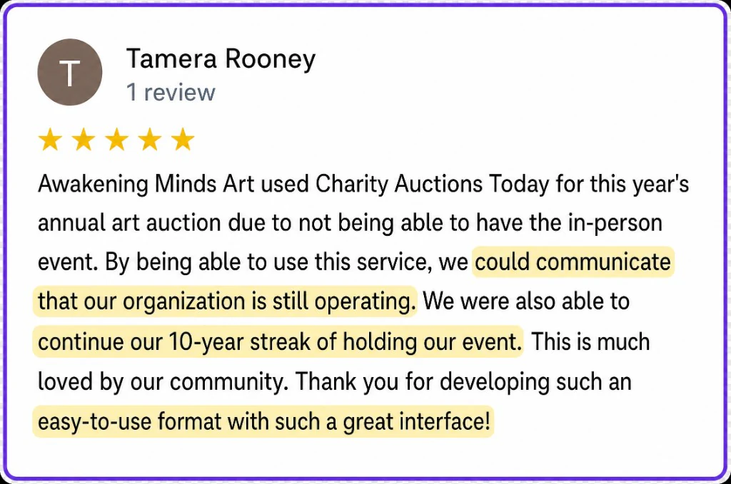 5-star review from Tamera Rooney about an easy-to-use art auction format