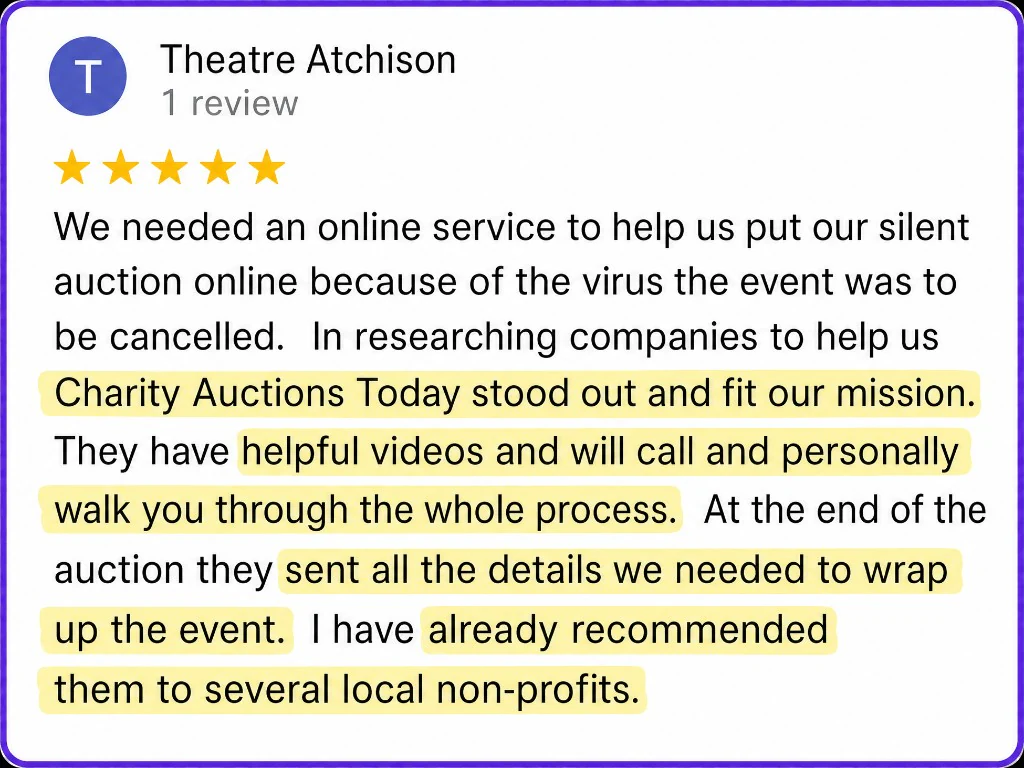 5-star review from Theatre Atchison about personal walkthroughs and event wrap-up