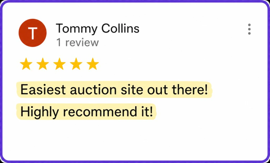 5-star review from Tommy Collins calling CharityAuctions the easiest auction site