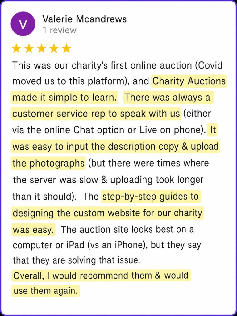 5-star review from Valerie Mcandrews about simple setup, chat support, and easy item uploads