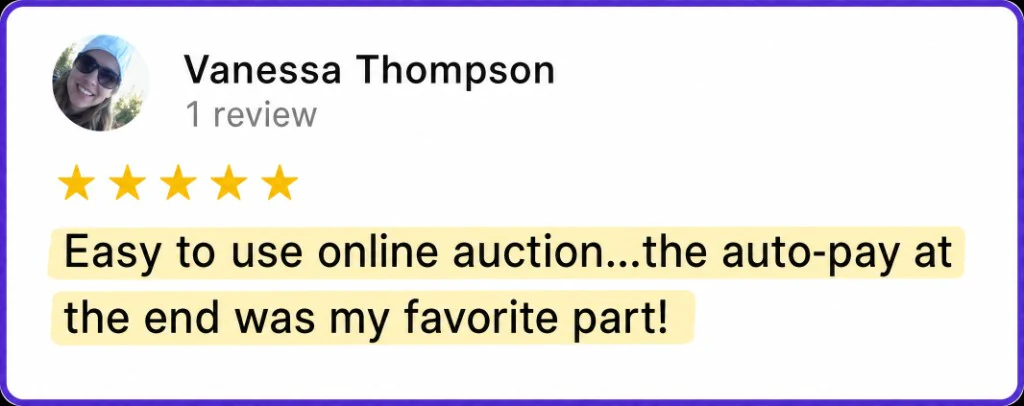 5-star review from Vanessa Thompson about an easy online auction and auto-pay at the end