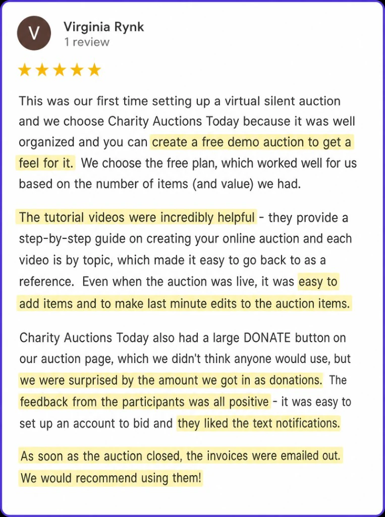 5-star review from Virginia Rynk about a free demo, helpful videos, and fast invoices