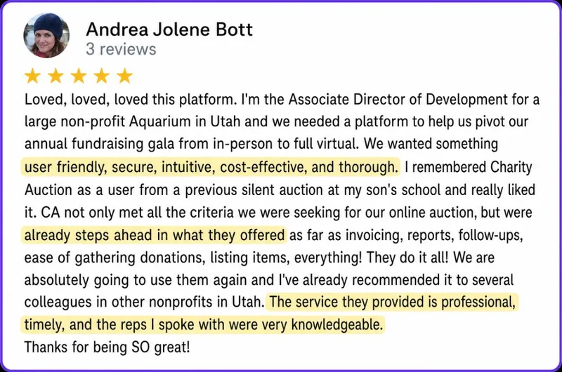 Google review from Andrea Jolene Bott: user friendly platform for virtual fundraising gala