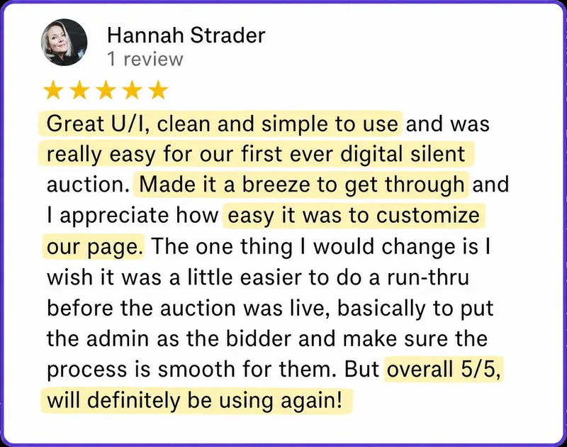 Google review from Hannah Strader: clean and simple platform for first digital silent auction