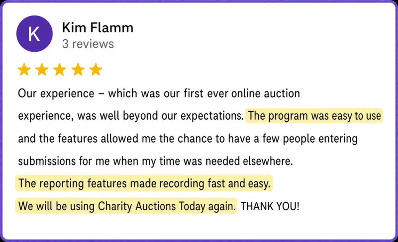 Google review from Kim Flamm: easy to use platform for first online auction
