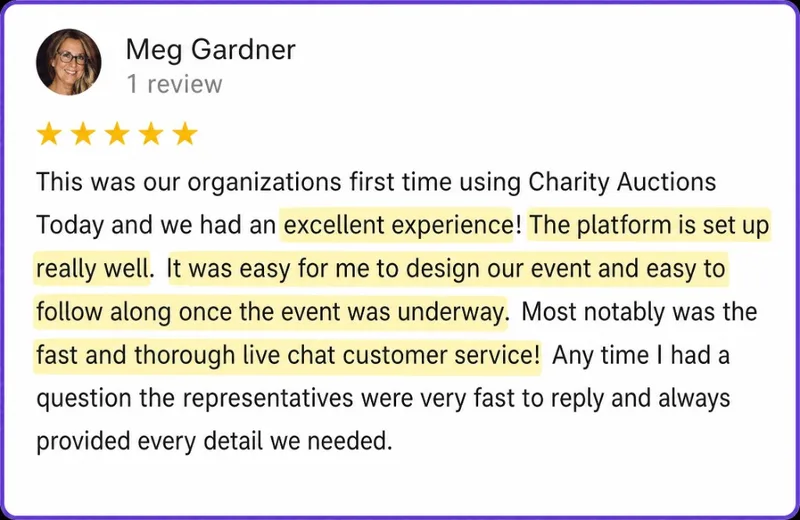 Google review from Meg Gardner: excellent first-time experience with fast live chat support