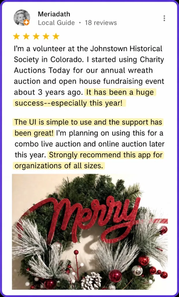 Google review from Meriadath: huge success for annual wreath auction fundraiser