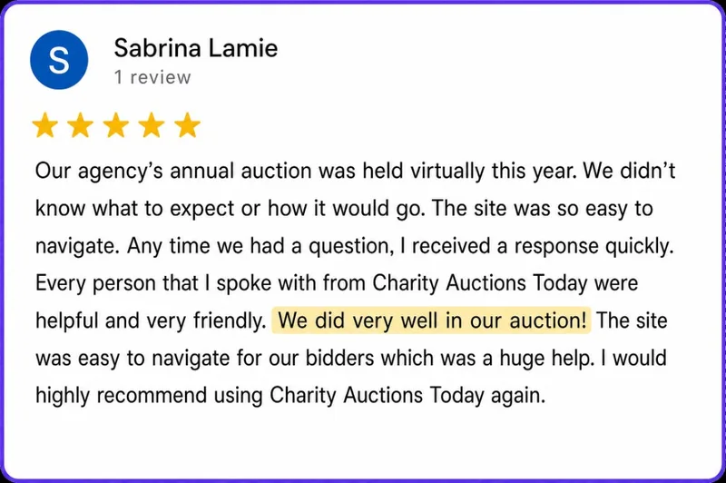 Google review from Sabrina Lamie: easy virtual auction with helpful support and great results