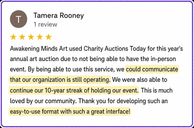 Google review from Tamera Rooney: easy-to-use format for annual art auction