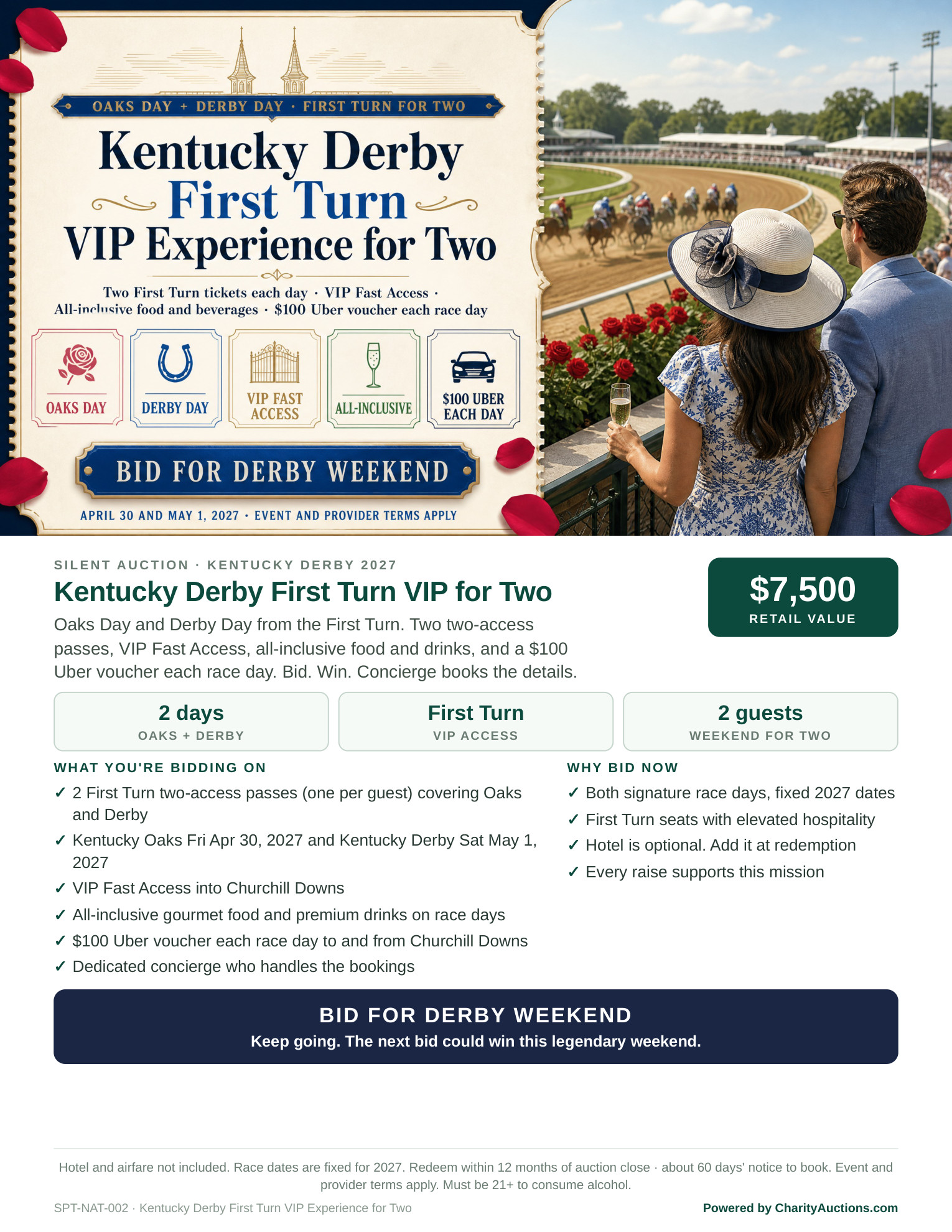 Kentucky Derby First Turn VIP Display Sheet for two: Oaks and Derby 2027, VIP Fast Access, all-inclusive race-day hospitality. Hotel not included.